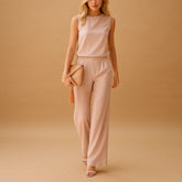 Women’s Wide Leg Jumpsuit – Round Neck Mid-Waist Fit for Elegant Styling