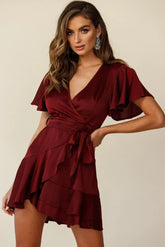Cami Angel Sleeve Faux Wrap Dress Wine