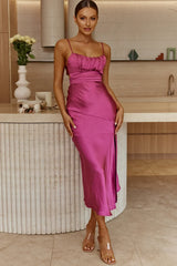 Abby Cami Strap Gathered Bust Front Split Midi Dress Plum