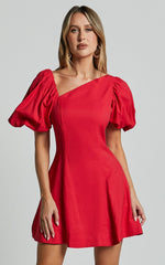 Harlow Mini Dress - Asymmetric Puff Sleeve Flare Dress in Red