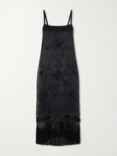 Fringed embroidered silk-satin midi dress