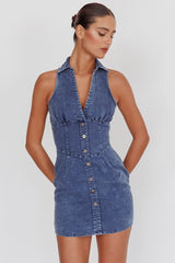 South Beach Faux Button Collared Dress Dark Denim