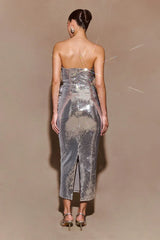 Cassia Strapless Sequin Rose Midi Dress - Silver
