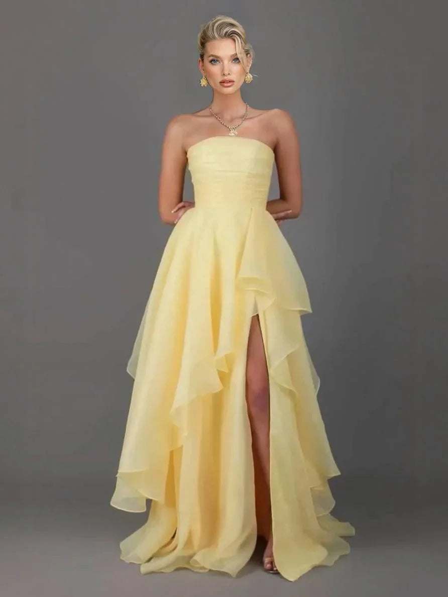 Tube Top Front Slit Multi-layer Maxi Dress