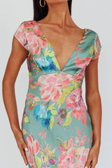 Lucinda Cap Sleeve Twist Back Midi Dress Floral Olive