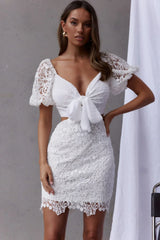 First Love Tied Bust Lace Dress White