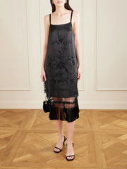 Fringed embroidered silk-satin midi dress