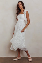 Jeanie Bow Shoulder Midi Dress Embossed White