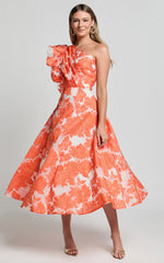Alfreda Midi Dress One Shoulder Ruffle Detail Brailey Jacquard Dress in Orange