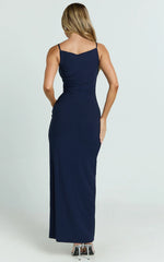 Audette Maxi Dress Boat Neck Ruched Fitted Dress in Navy