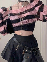Contrast Color Stripe Ultra Short Long Sleeve Knit