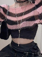 Contrast Color Stripe Ultra Short Long Sleeve Knit